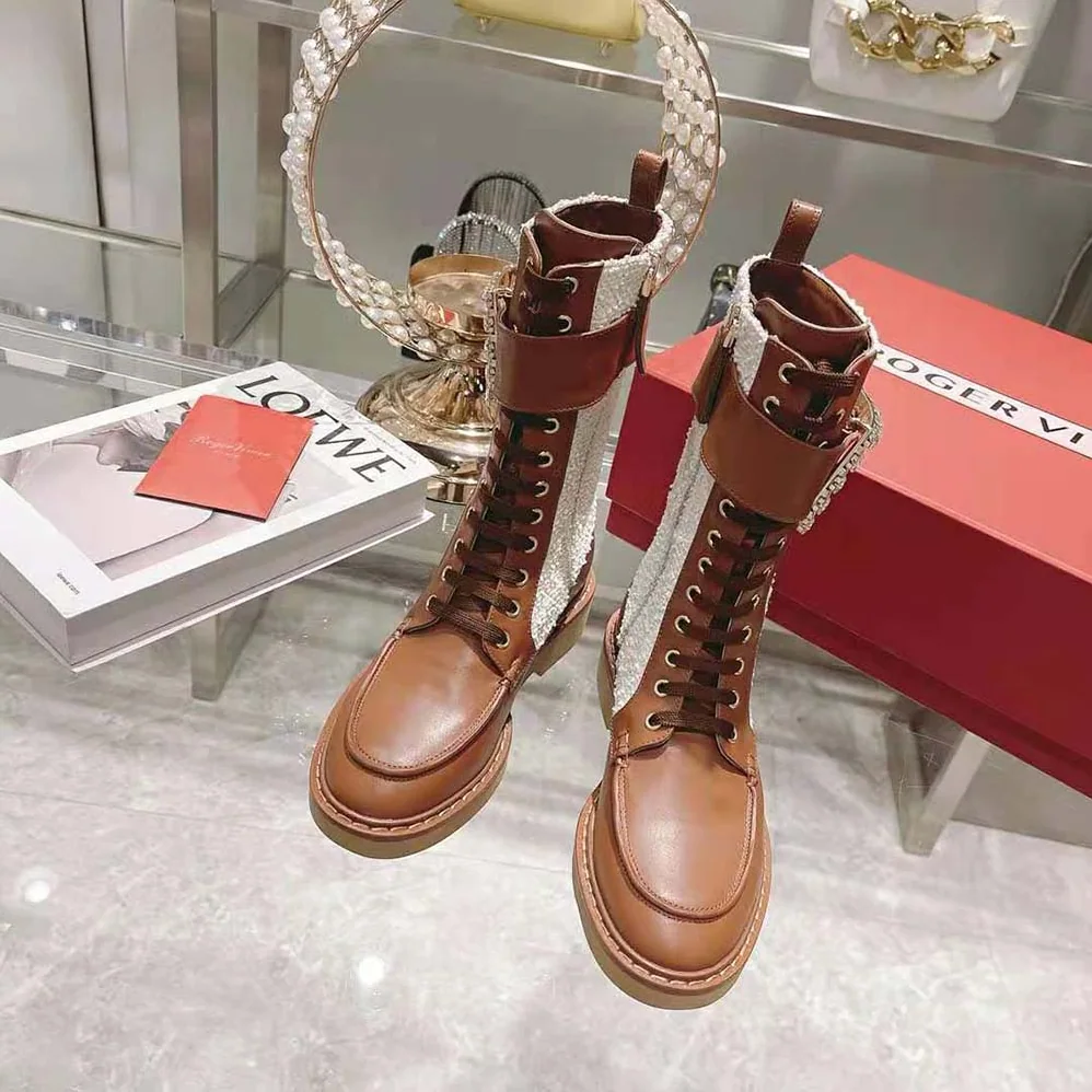 Roger Vivier Viv' Rangers Strass Buckle Boots in Fabrics for Women Roger Vivier Viv' Rangers Strass Buckle Boots in Fabrics for Women