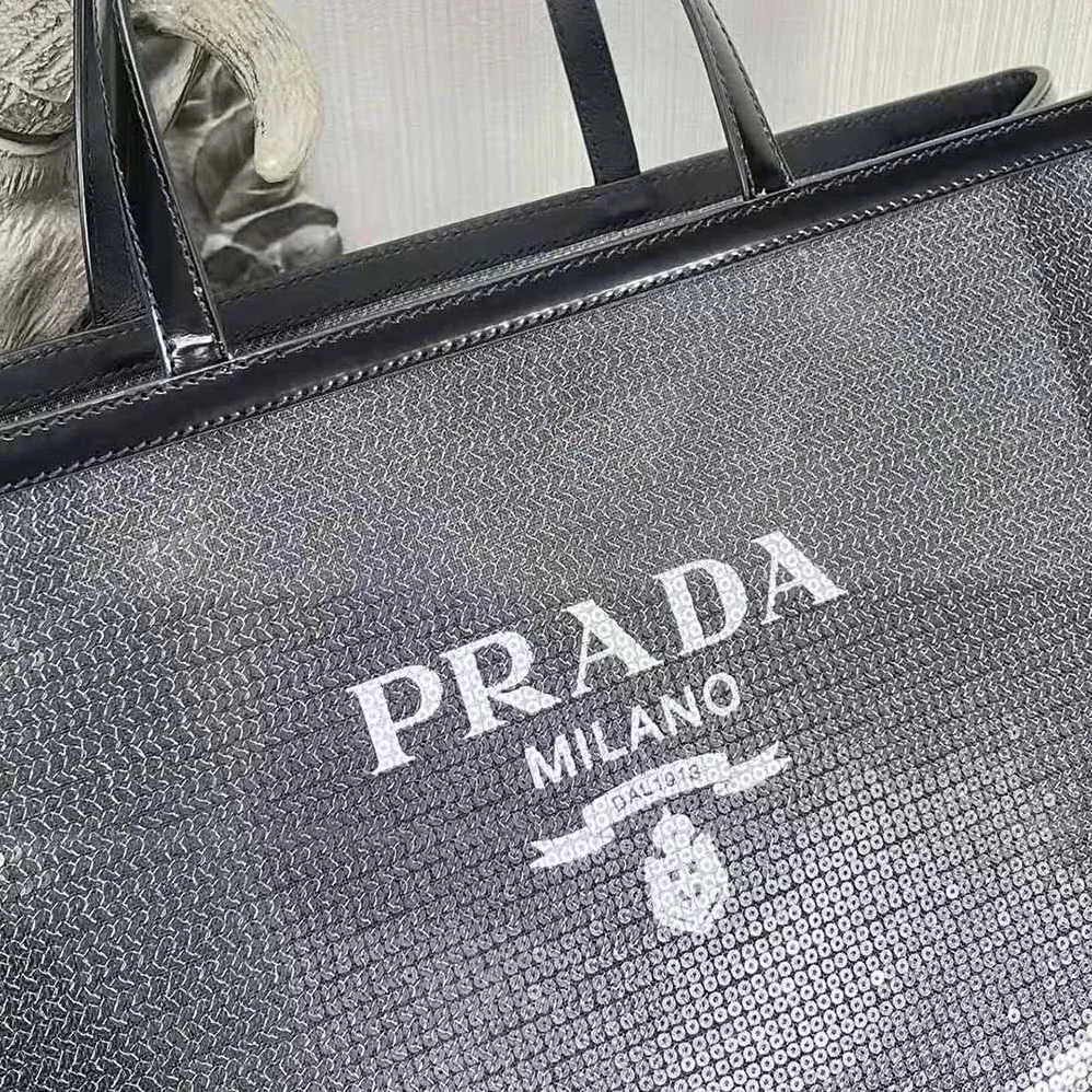 Prada Sequined Mesh Tote Bag for Women in Black Prada Sequined Mesh Tote Bag for Women in Black