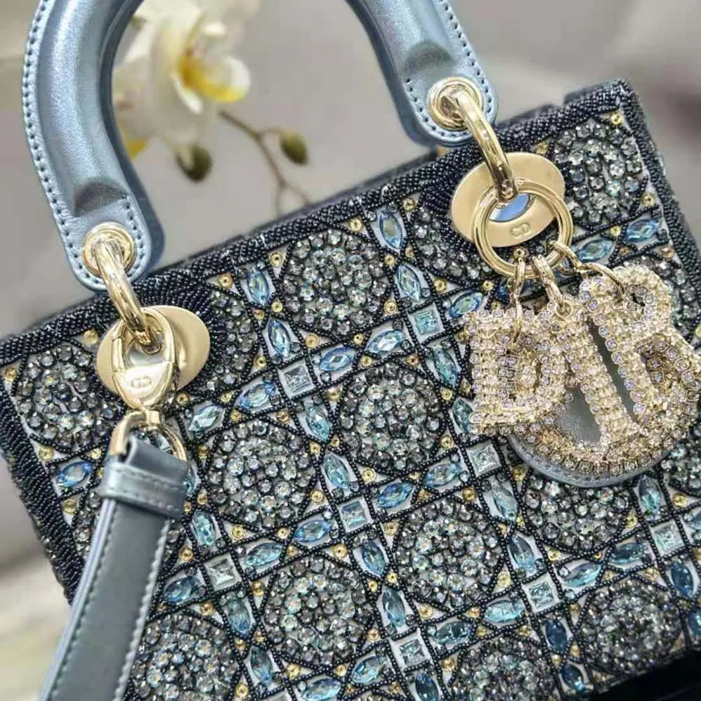 Dior Small Lady Dior Bag Metallic Calfskin and Satin with Celestial Blue Bead Embroidery for Women