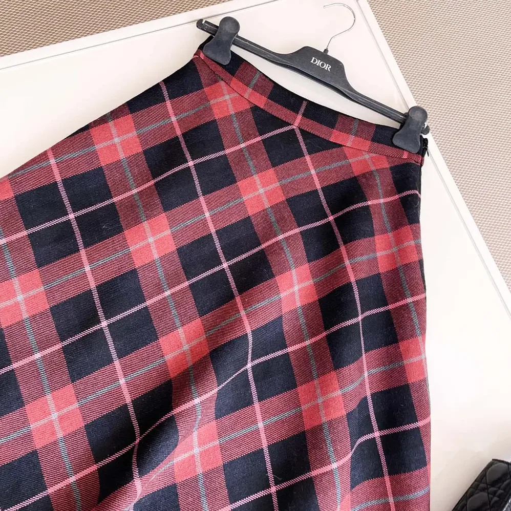 Dior Flared Mid-Length Skirt Pink Gray and White Check'n'Dior Virgin Wool for Women Dior Flared Mid-Length Skirt Pink Gray and White Check'n'Dior Virgin Wool for Women