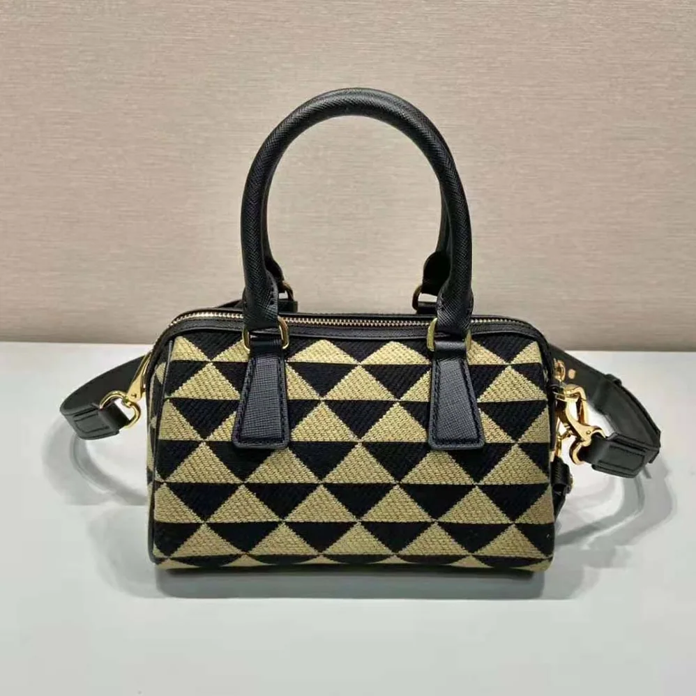 Prada Symbole Embroidered Jacquard Fabric Top-Handle Bag for Women in Black