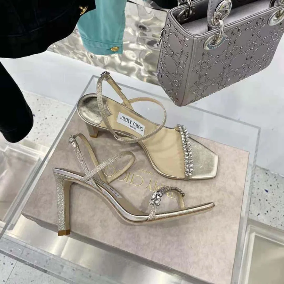 Jimmy Choo Meira 85 Platinum Lce Dusty Glitter Sandals for Women