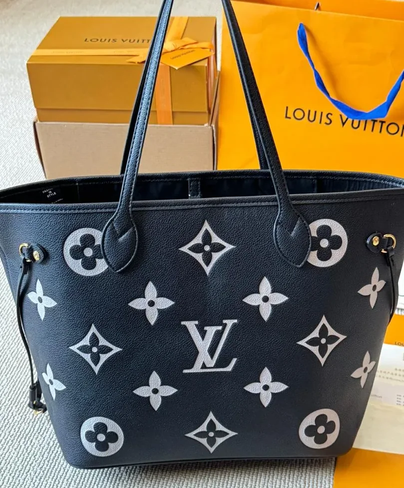 Louis Vuitton Neverfull MM Tote Bag Monogram Empreinte Black in Beige /