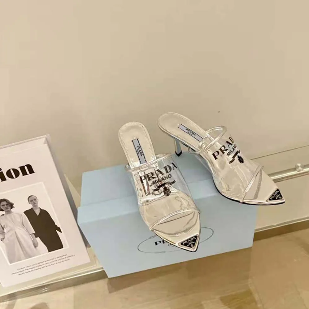 Prada Logo-print Plexiglas High-Heel Slides in 75mm Heel Height for Women Prada Logo-print Plexiglas High-Heel Slides in 75mm Heel Height for Women