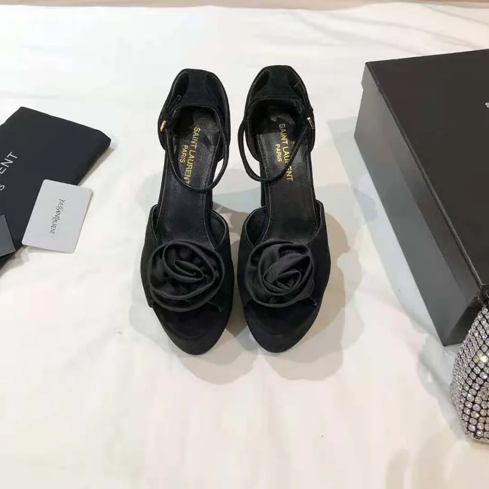 Saint Laurent YSL Jodie Platform Sandals in Suede with Silk Satin Flower for Women in Black Saint Laurent YSL Jodie Platform Sandals in Suede with Silk Satin Flower for Women in Black