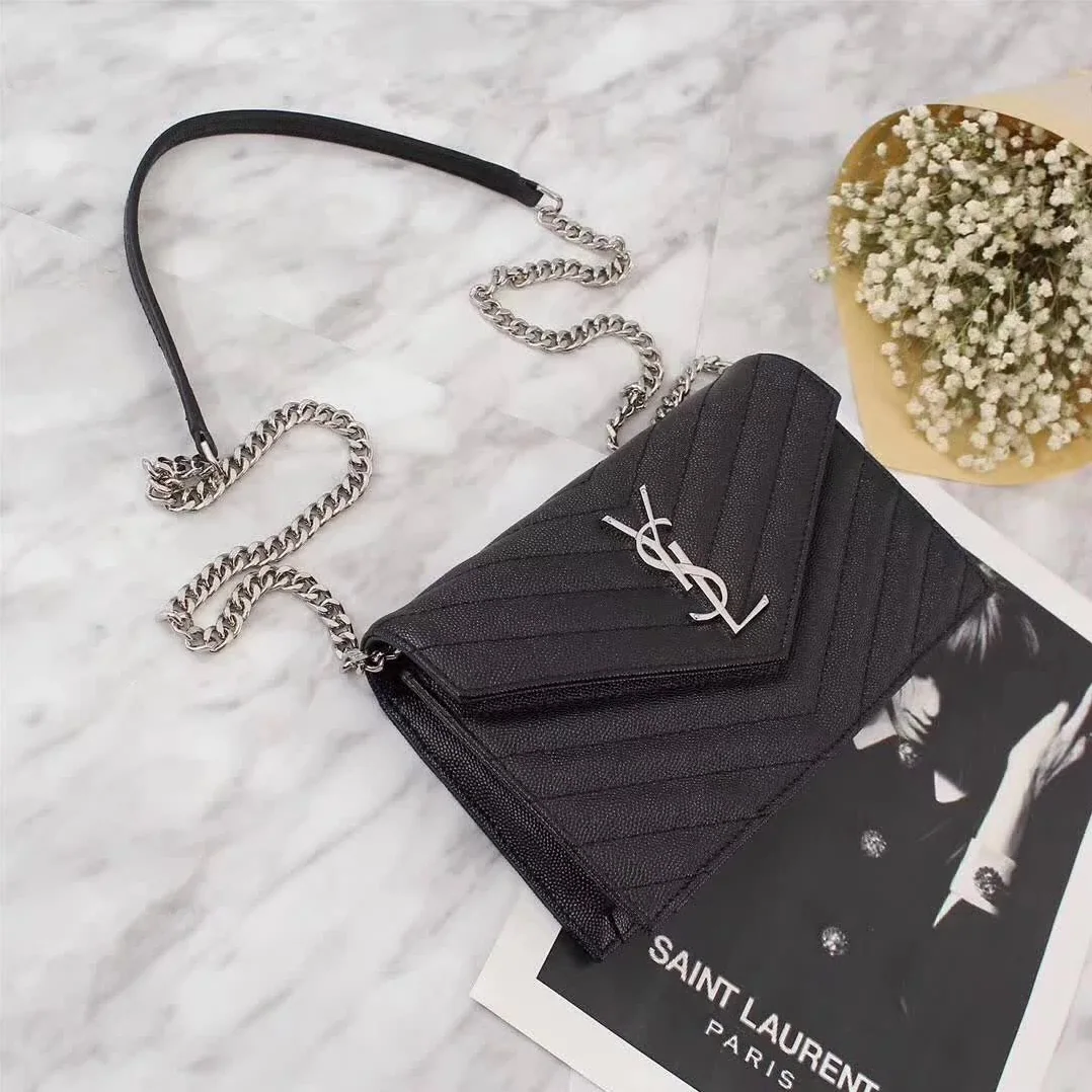 Saint Laurent YSL Medium Monogram Envelope Chain Wallet Silver Hardware in Black Saint Laurent YSL Medium Monogram Envelope Chain Wallet Silver Hardware in Black