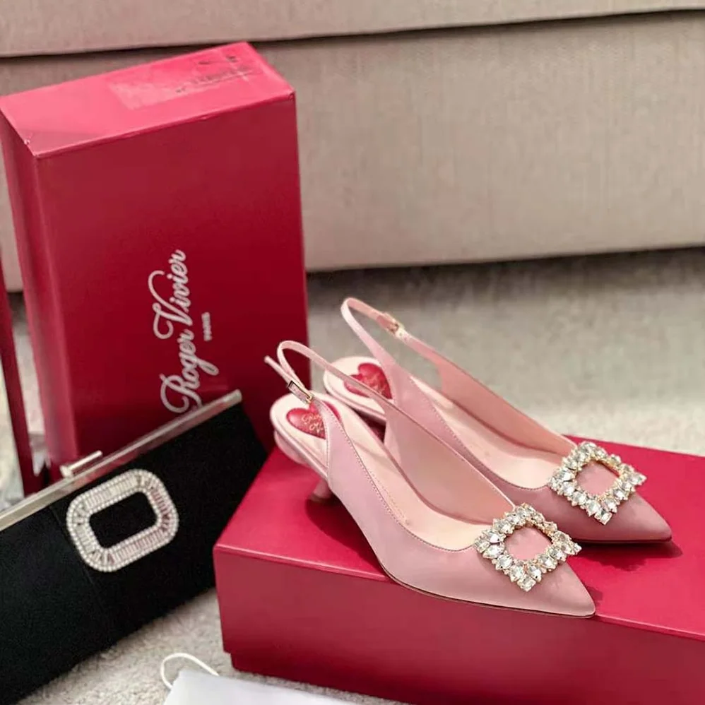 Roger Vivier Virgule Strass Buckle Slingback Pumps in Satin for Women in Pink Roger Vivier Virgule Strass Buckle Slingback Pumps in Satin for Women in Pink