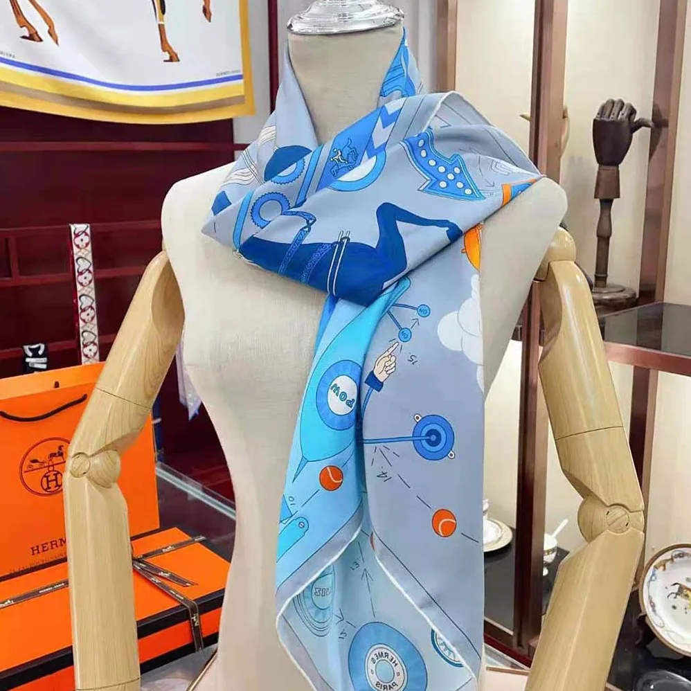 Hermes Tea for Two Scarf 90 in Silk Twill with Hand-Rolled Edges for Women in Blue Hermes Tea for Two Scarf 90 in Silk Twill with Hand-Rolled Edges for Women in Blue