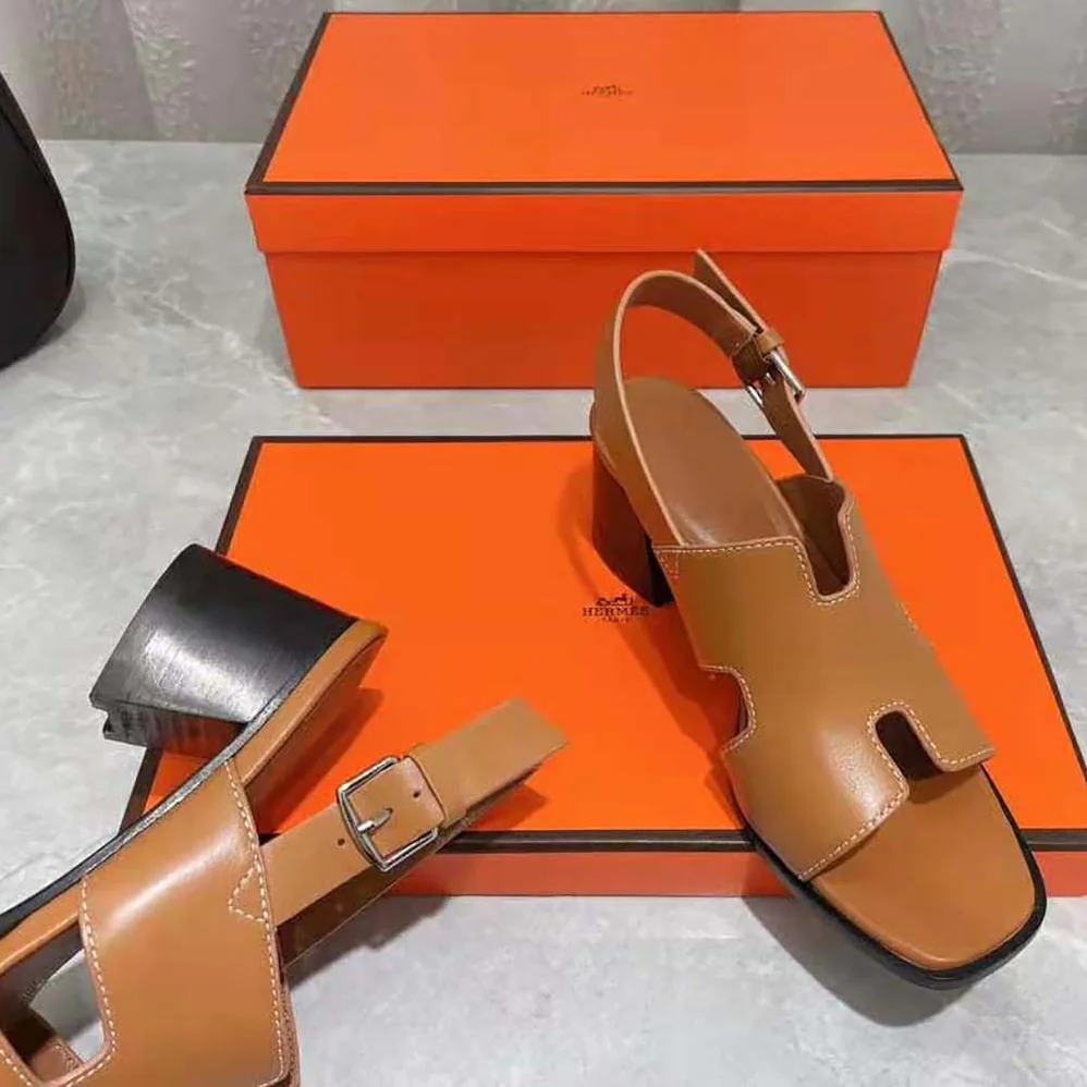 Hermes Elbe 60 Sandal in Calfskin with H Cut-Out Detail for Women in Brown Hermes Elbe 60 Sandal in Calfskin with H Cut-Out Detail for Women in Brown