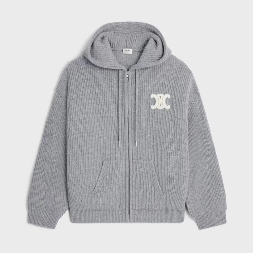 Celine Hooded Cardigan In Ribbed Wool for Women in Grey
