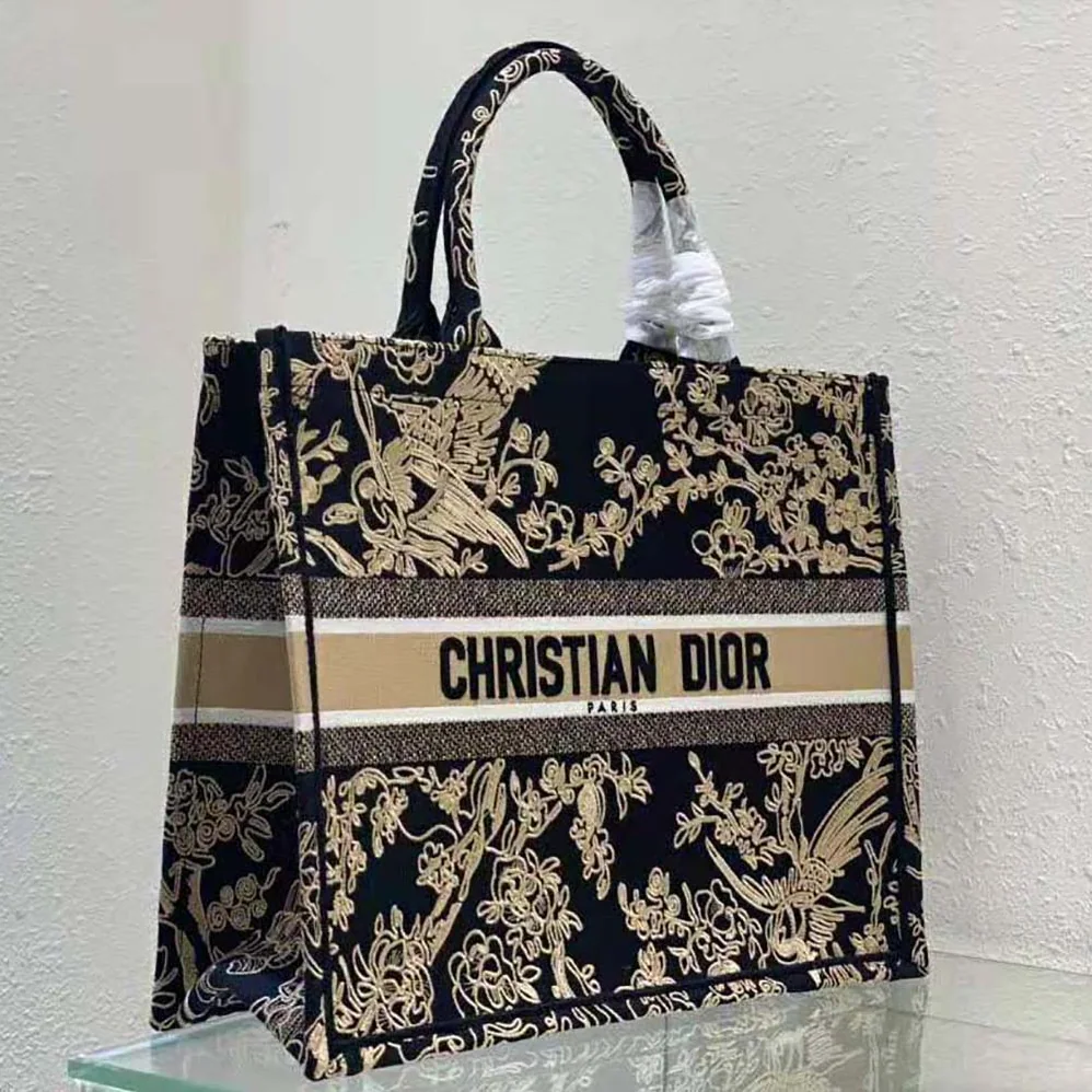 Dior Large Dior Book Tote Black Dior Jardin D'Hiver Embroidered Cotton with Velvet and Metallic Thread for Women