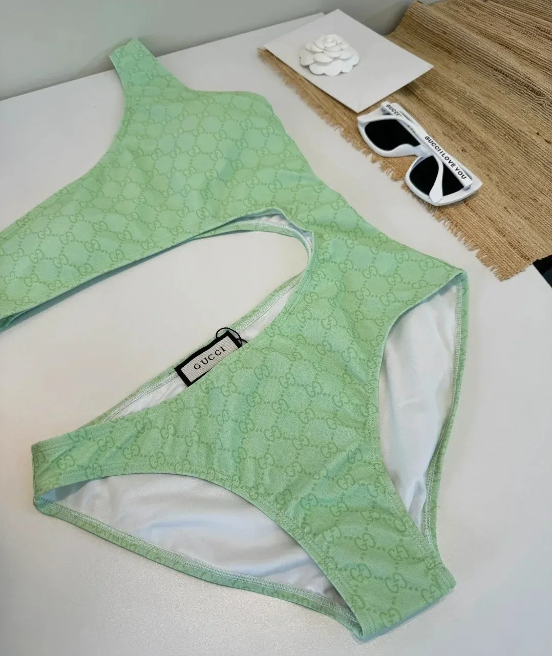 Gucci GG Printed Cutout Swimsuit Light Green