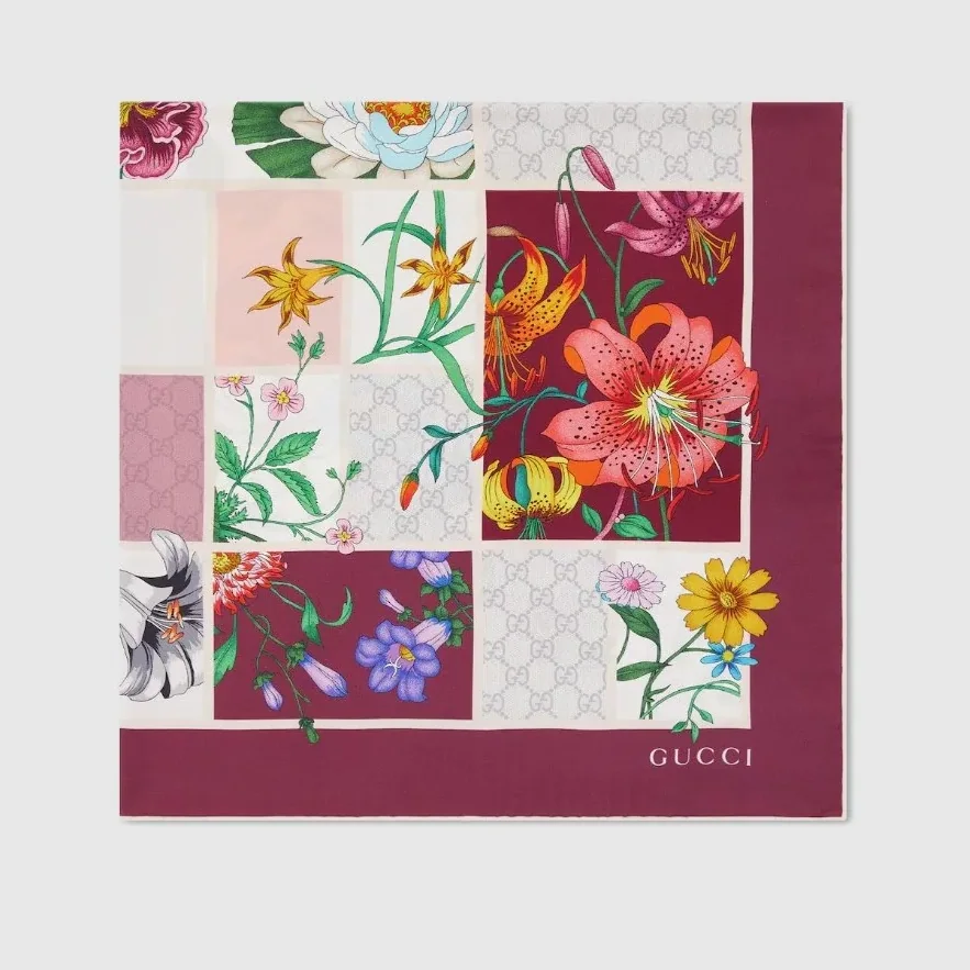 Gucci Printed Silk Twill Carre Scarf Bordeaux