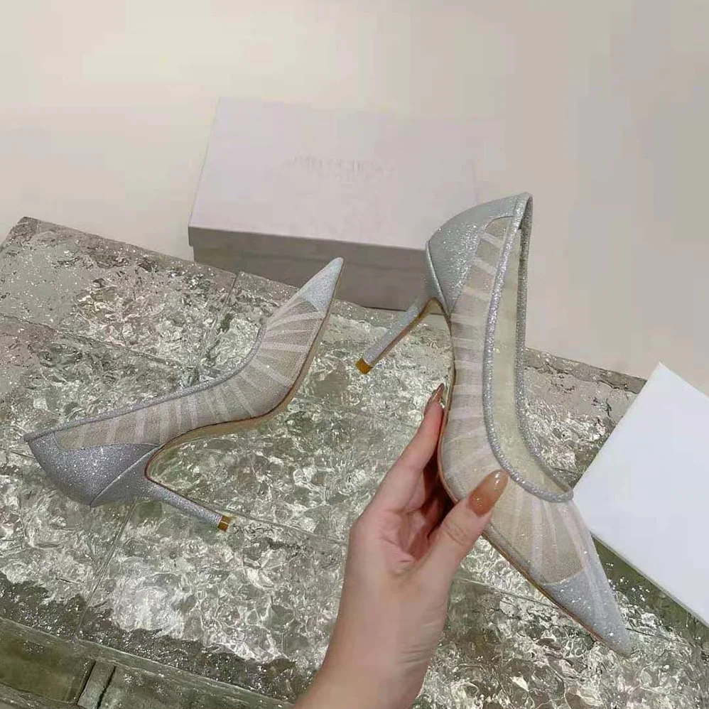 Jimmy Choo Love 85 Metallic Silver Glitter Fabric Pumps with Ivory Tulle Overlay for Women Jimmy Choo Love 85 Metallic Silver Glitter Fabric Pumps with Ivory Tulle Overlay for Women