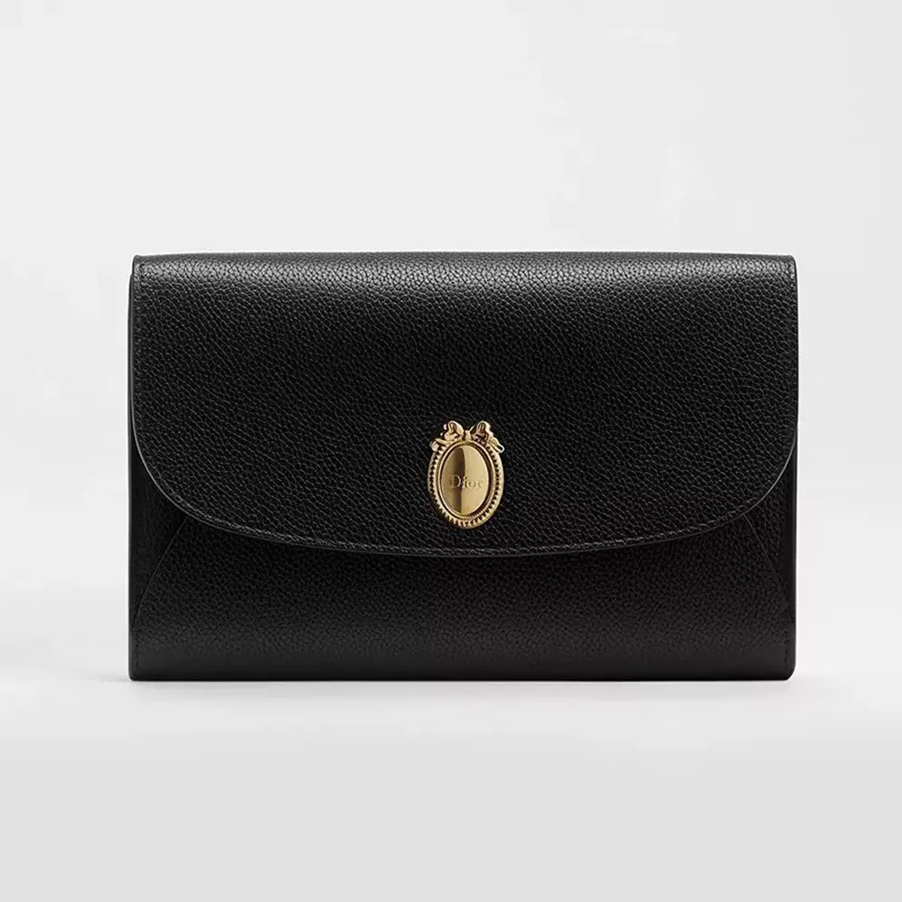 Dior Médaillon Envelope Pouch with Strap Black and Myosotis Blue Grained Calfskin for Women