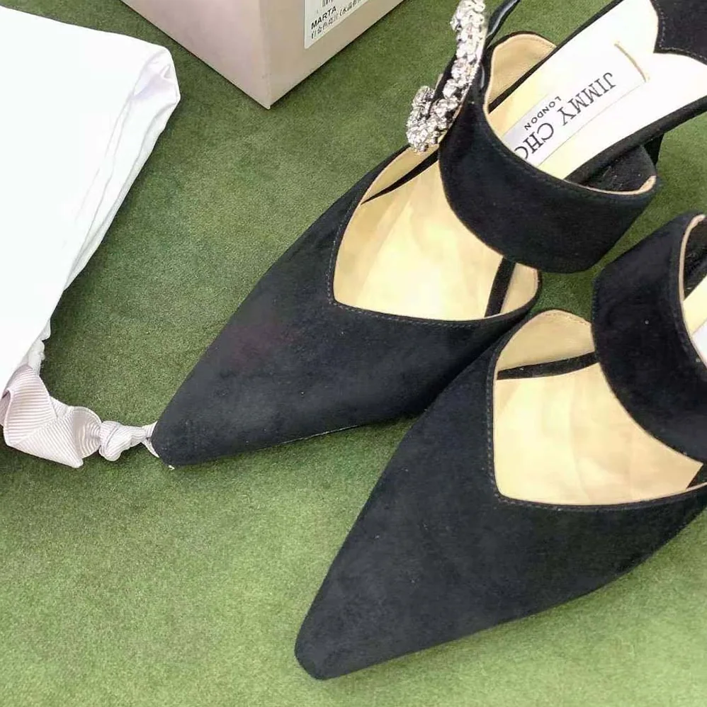 Jimmy Choo Marta 70 Black Suede Mules with Crystal Buckle for Women Jimmy Choo Marta 70 Black Suede Mules with Crystal Buckle for Women