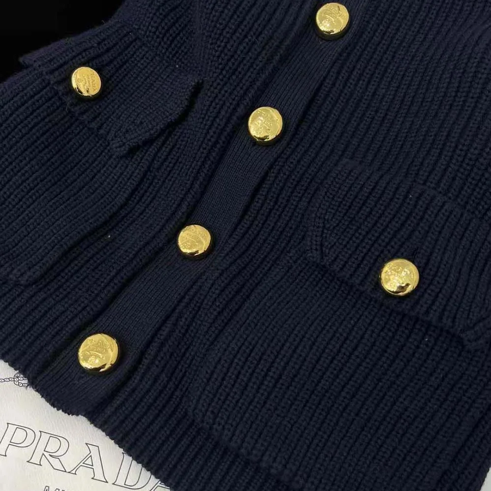 Prada Wool Cardigan with Contemporary Elegance Features Shiny Gold Buttons