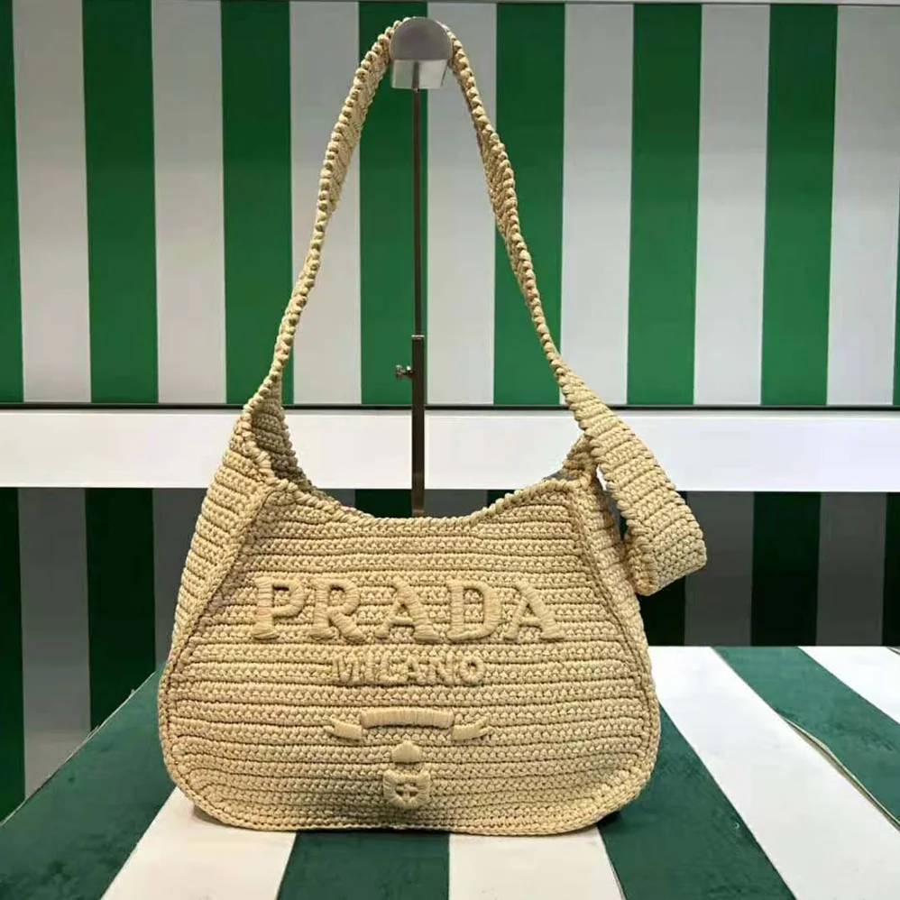 Prada Crochet Tote Bag with Embroidered Lettering Logo for Women in Natural Prada Crochet Tote Bag with Embroidered Lettering Logo for Women in Natural
