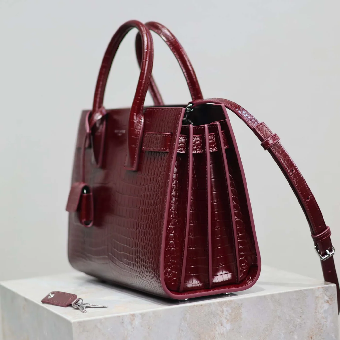 Saint Laurent YSL Sac De Jour in Embossed Crocodile Leather Baby for Women in Maroon Saint Laurent YSL Sac De Jour in Embossed Crocodile Leather Baby for Women in Maroon