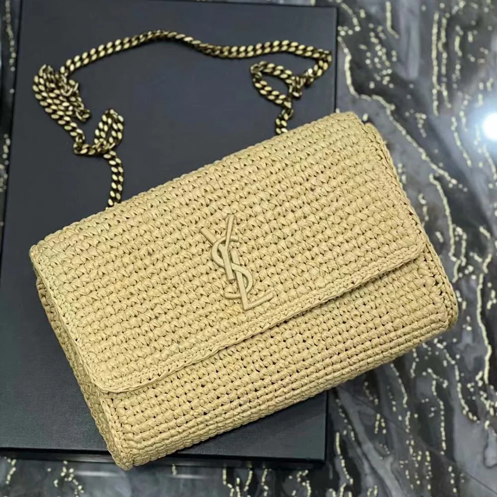 Saint Laurent YSL Kate Medium Supple Chain Bag in Raffia for Women in Natural Saint Laurent YSL Kate Medium Supple Chain Bag in Raffia for Women in Natural