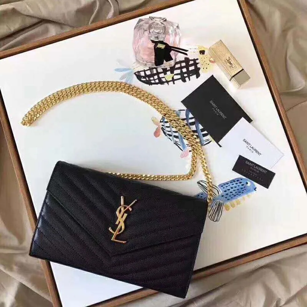 Saint Laurent Monogram Chain Wallet Grain De Poudre Embossed in Gold