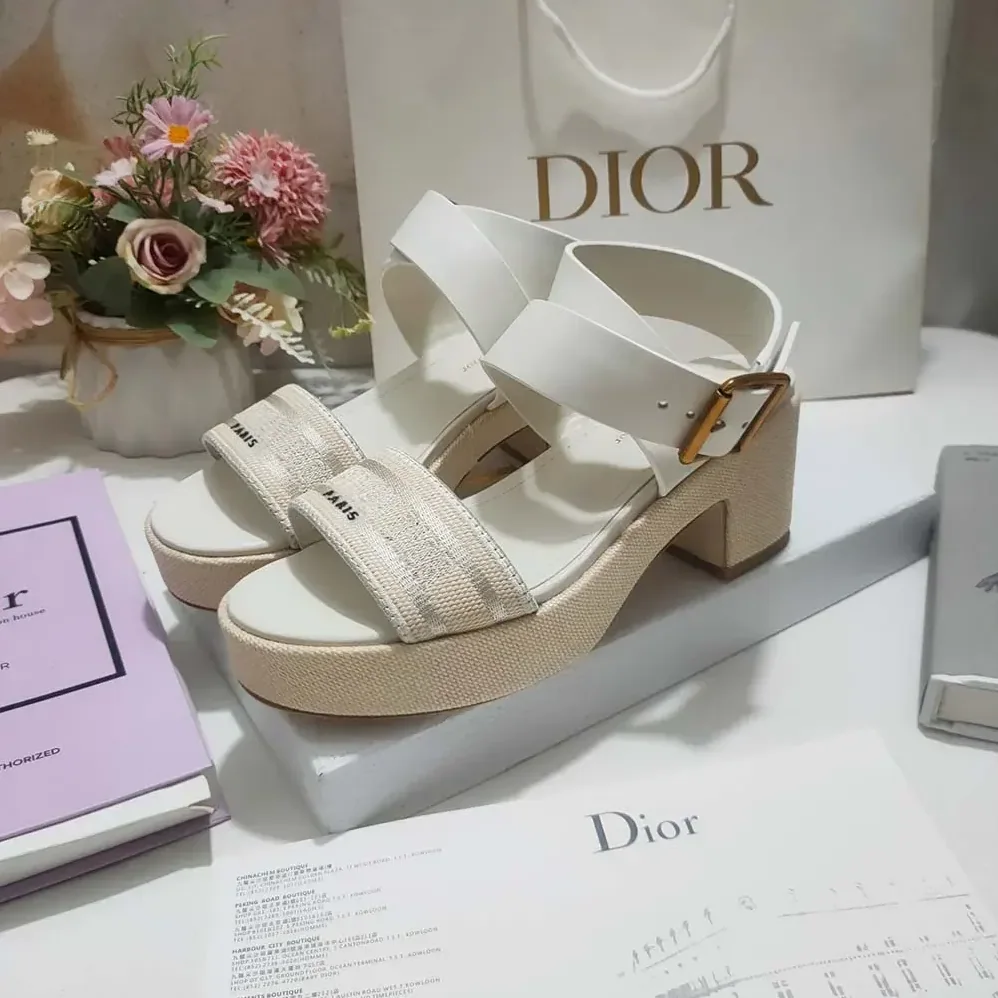Dior Dioriviera Dway Heeled Sandal Natural Raffia White Calfskin and Embroidered Cotton for Women Dior Dioriviera Dway Heeled Sandal Natural Raffia White Calfskin and Embroidered Cotton for Women