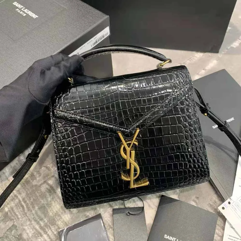 Saint Laurent YSL Cassandra Mini Top Handle Bag in Crocodile-Embossed Shiny Leather for Women in Black