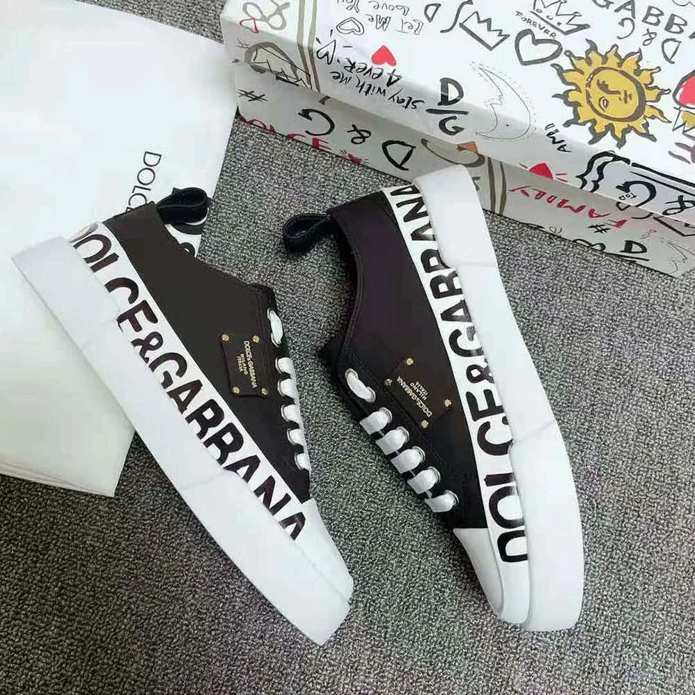 Dolce Gabbana D&G Calfskin Portofino Light Sneakers with Logo-Detailed Plate and Logo Print for Women in Black