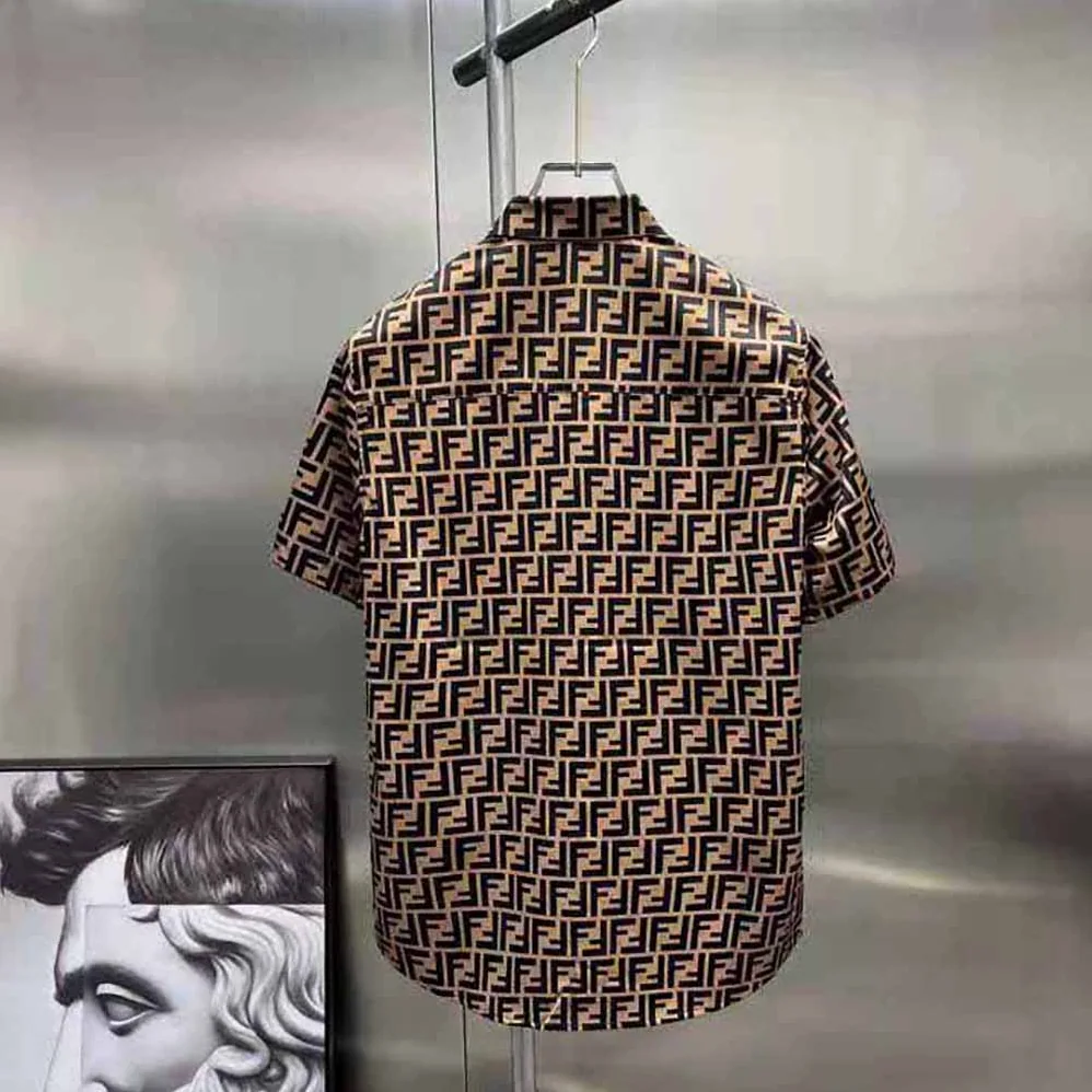 Fendi Brown Silk Shirt with FF Motif Printed All Over for Men Fendi Brown Silk Shirt with FF Motif Printed All Over for Men