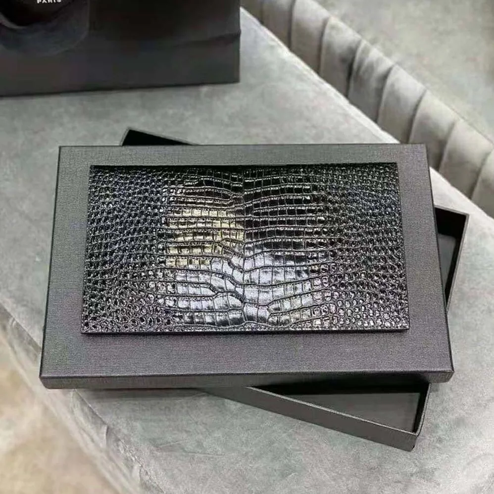 Saint Laurent YSL Uptown Pouch in Crocodile Embossed Shiny Leather for Women in Black