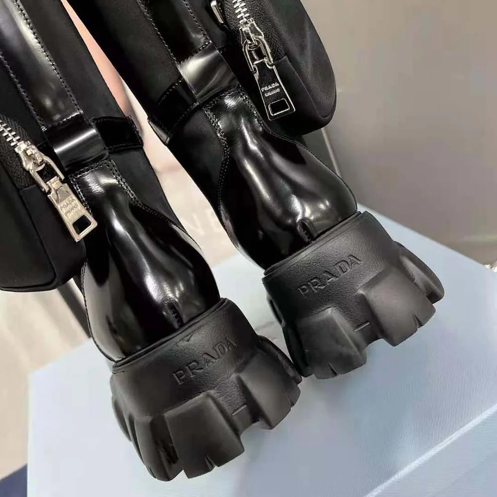 Prada Monolith Leather and Nylon Boots for Women in Black Prada Monolith Leather and Nylon Boots for Women in Black