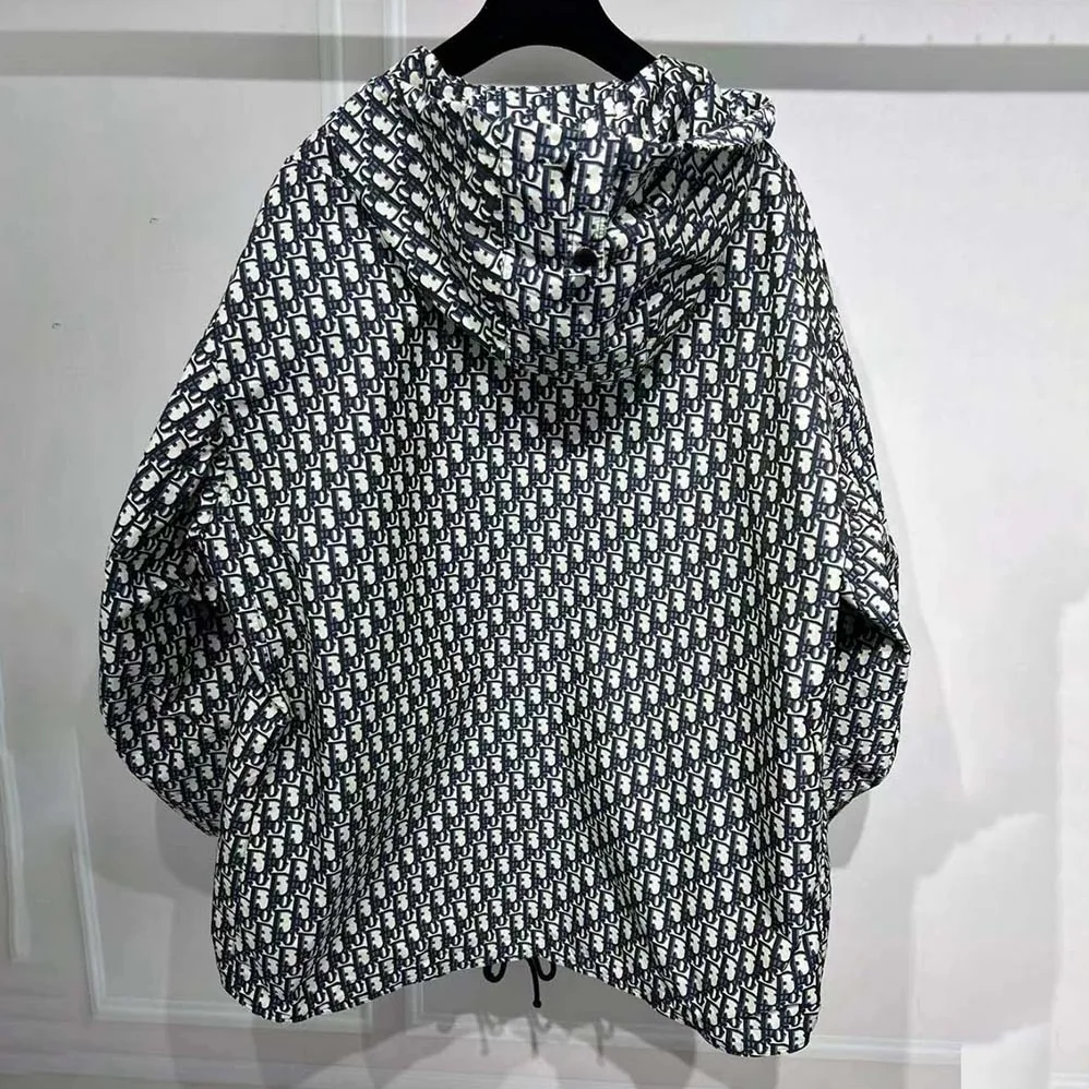 Dior Hooded Anorak Blue and Ecru Technical Taffeta Jacquard with Dior Oblique Motif for Women