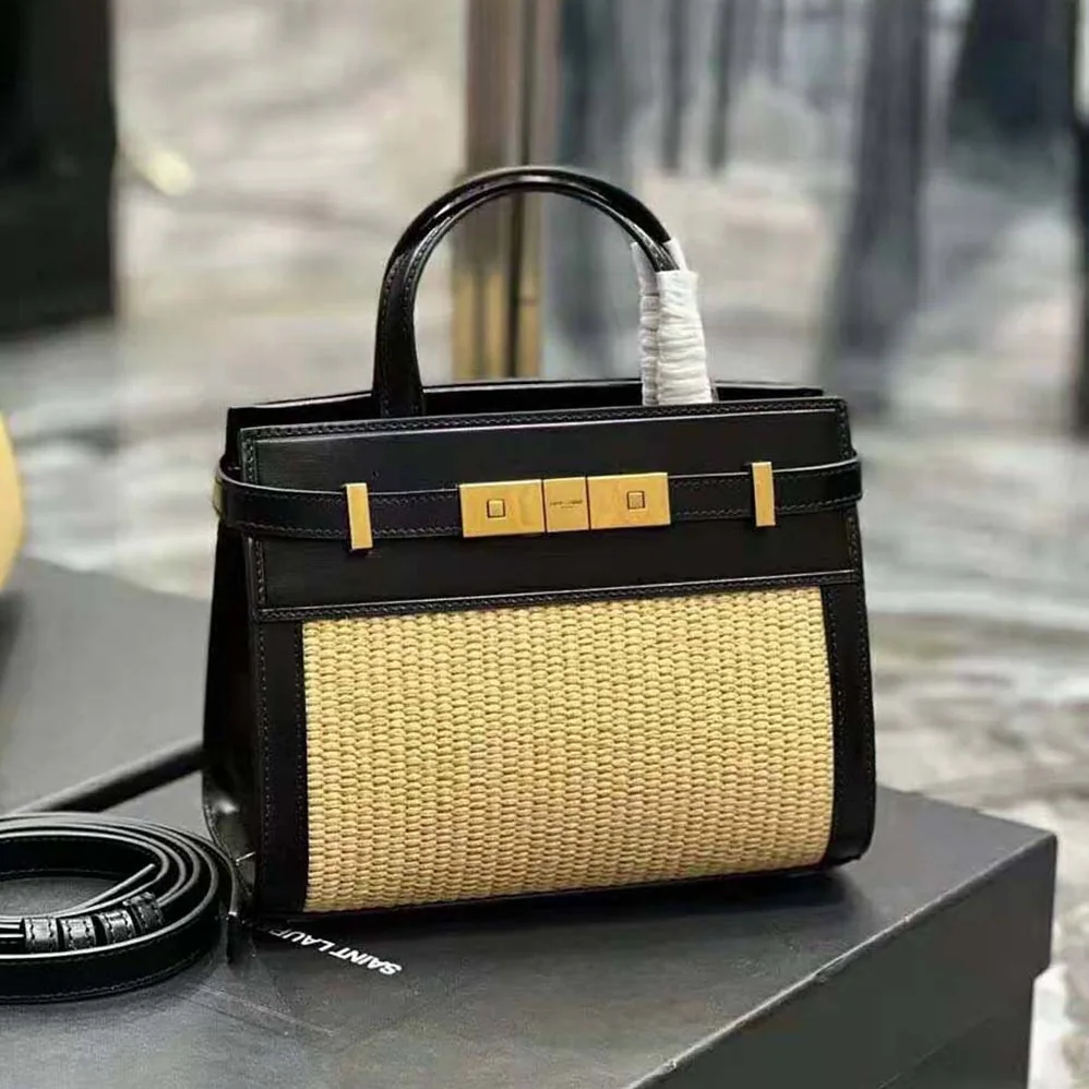 Saint Laurent YSL Manhattan Nano Shopping Bag in Raffia and Smooth Leather for Women in Black