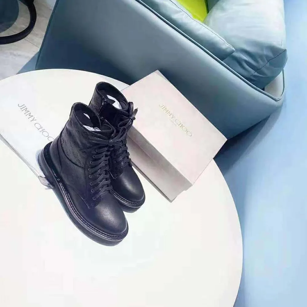 Jimmy Choo Cora Flat Black JC Monogram Leather Mix Combat Boots for Women