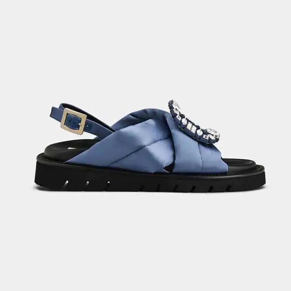 Roger Vivier Viv Winter Puffy Strass Buckle Sandals in Satin for Women in Navy Roger Vivier Viv Winter Puffy Strass Buckle Sandals in Satin for Women in Navy