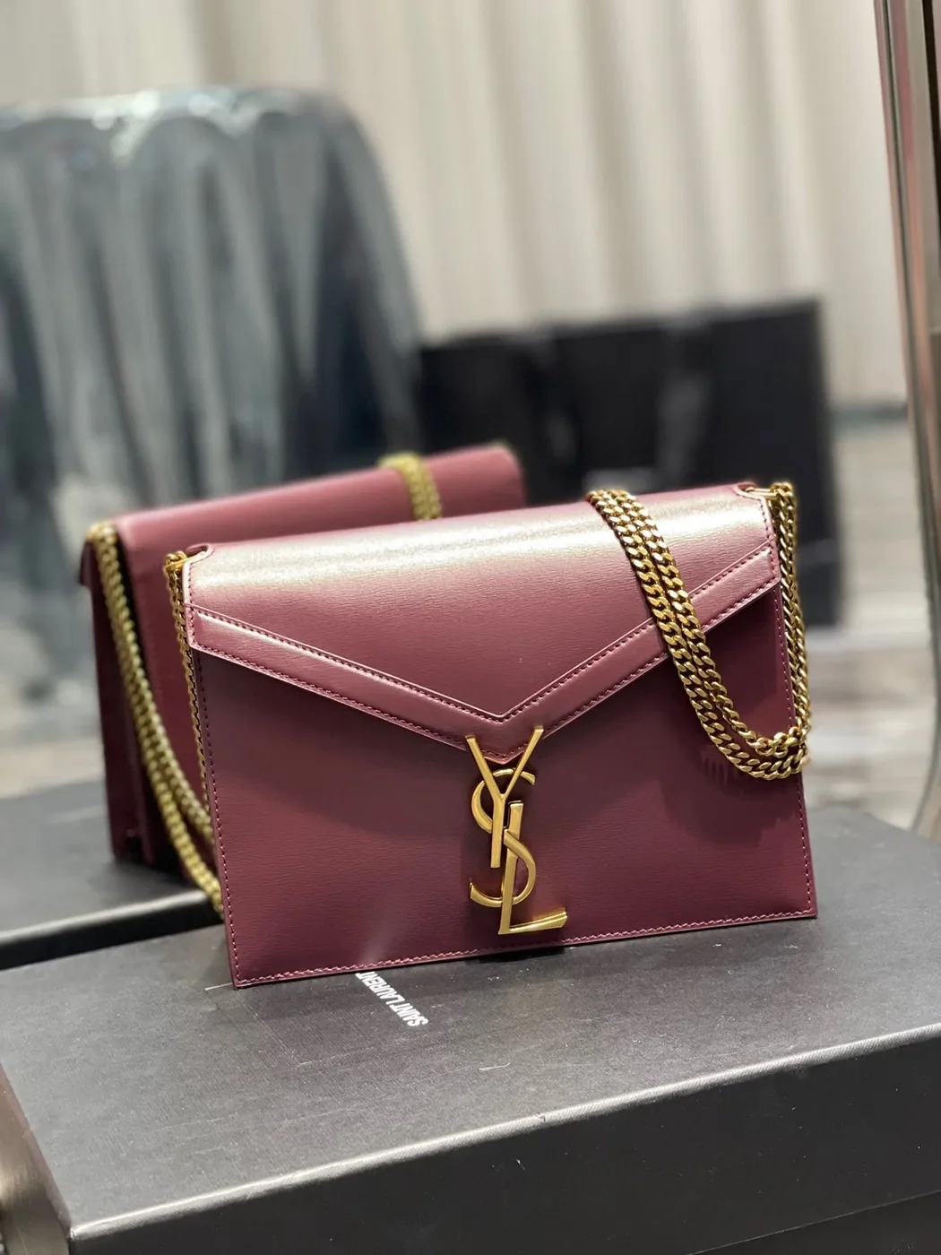Saint Laurent Cassandra Medium Shoulder Bag in Burgundy Gold Hardware