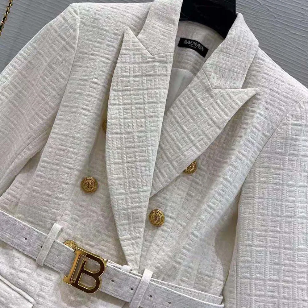 Balmain Double-Breasted Cotton Blazer with Balmain Buckle for Women in White