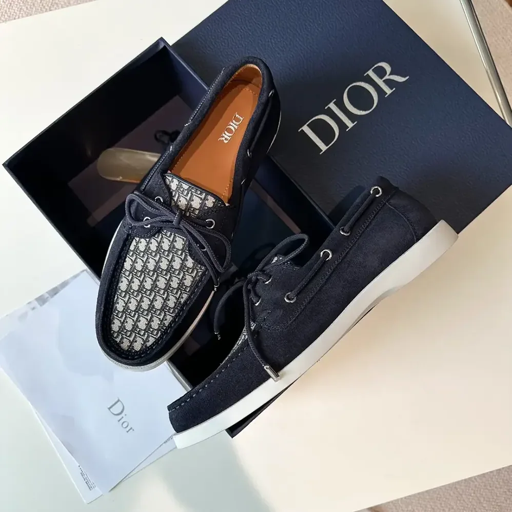 Dior Granville Boat Shoe Navy Blue Suede with Beige and Black Dior Oblique Jacquard for Men Dior Granville Boat Shoe Navy Blue Suede with Beige and Black Dior Oblique Jacquard for Men