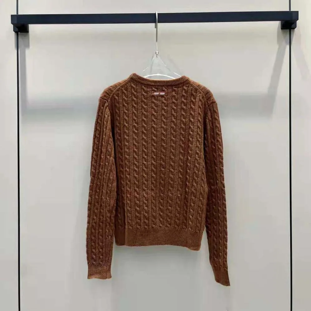 Miu Miu Cashmere Sweater with Knit Logo Patch for Women in Brown Miu Miu Cashmere Sweater with Knit Logo Patch for Women in Brown