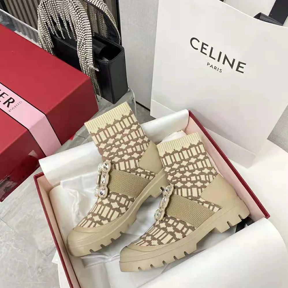 Roger Vivier Walky Viv' Rhinestone Buckle Socks Ankle Boots in Fabric for Women in Beige