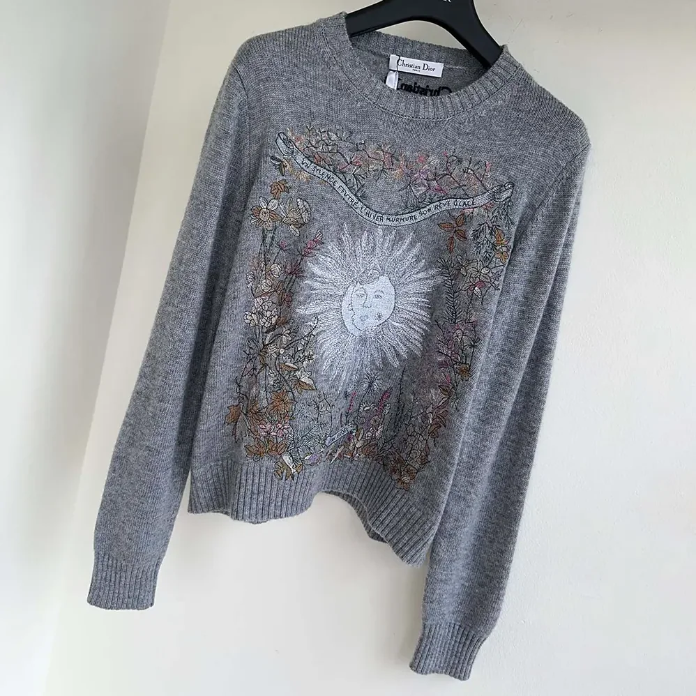 Dior Embroidered Sweater Gray Cashmere Knit with Multicolor Dior 4 Saisons Hiver Motif for Women