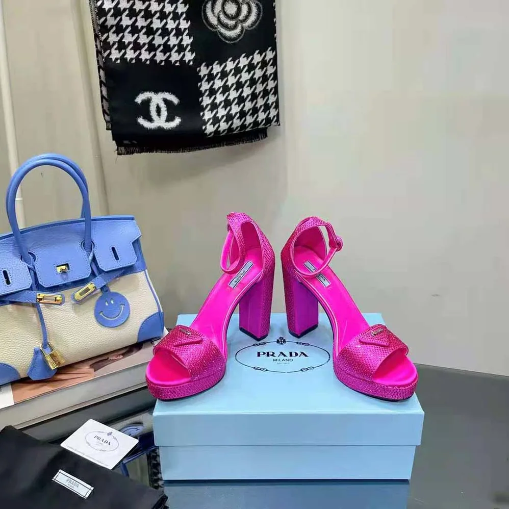 Prada Satin Platform Sandals with Crystals for Women in Pink