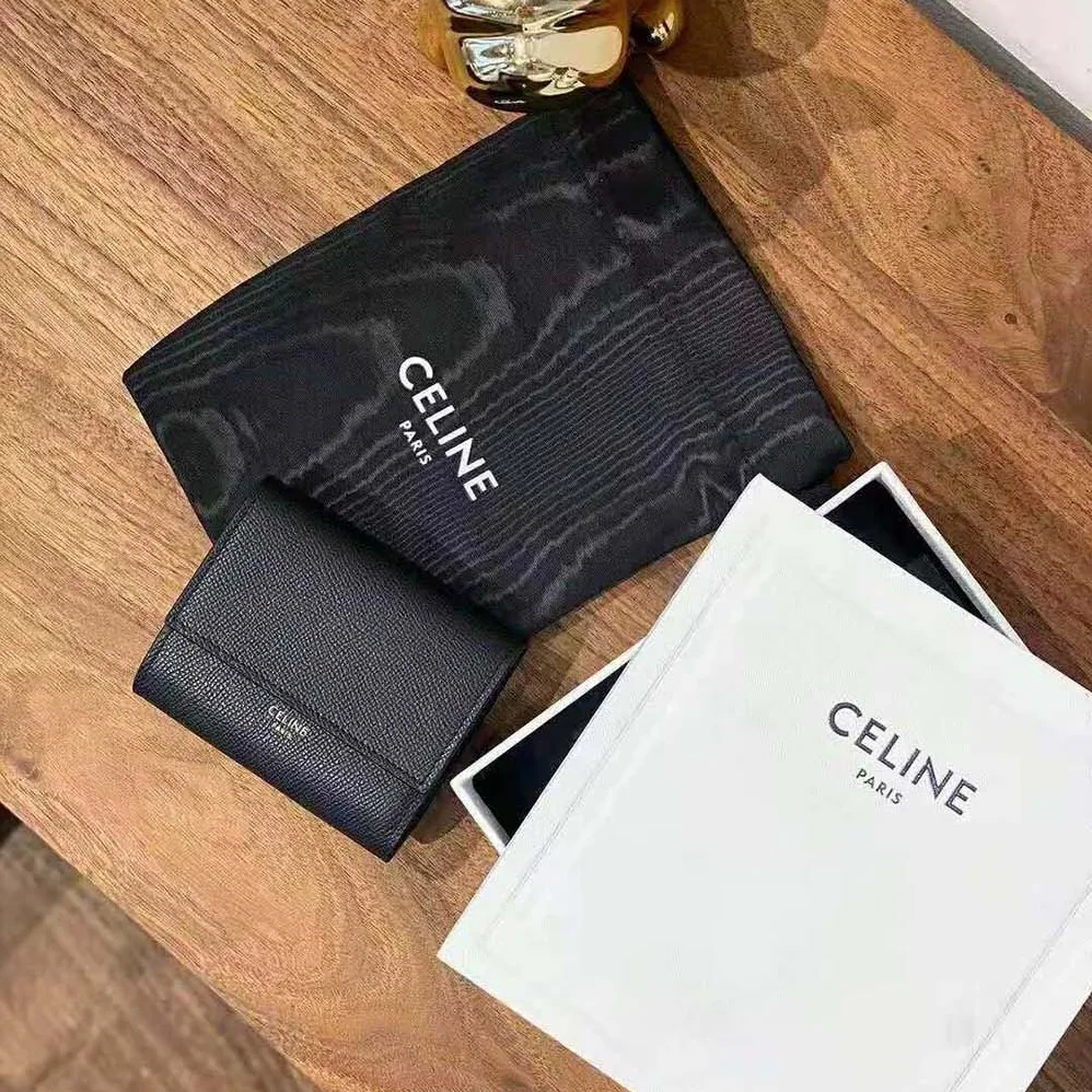 Celine Small Trifold Wallet in Grained Calfskin for Women in Black