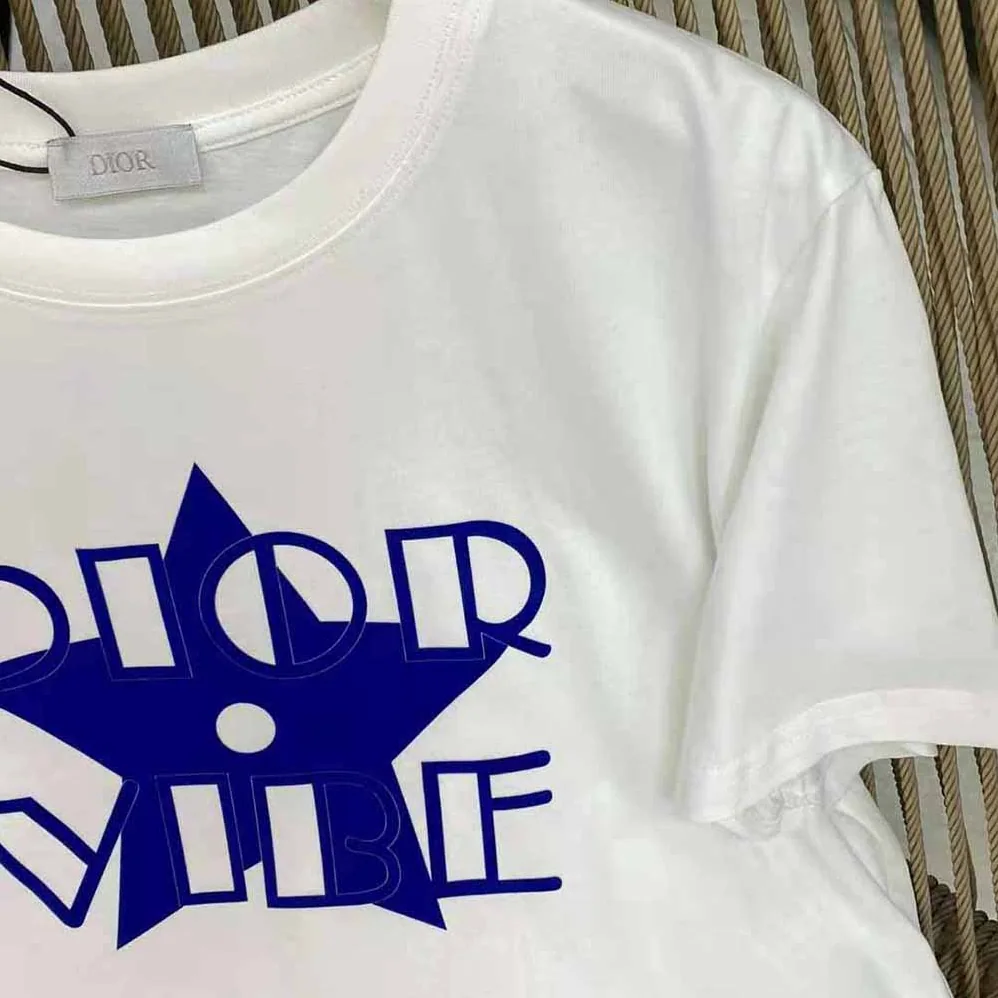 Dior Vibe T-shirt Ecru and Fluorescent Blue Cotton Jersey and Linen for Women