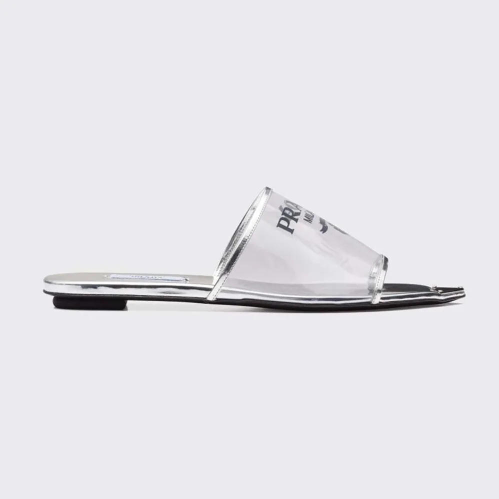 Prada Logo-Print Plexiglas Slides for Women in Silver Prada Logo-Print Plexiglas Slides for Women in Silver