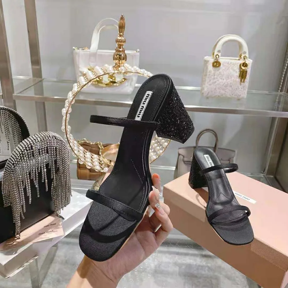 Miu Miu Satin and Glitter Slides in 85 mm Heel Height for Women in Black Miu Miu Satin and Glitter Slides in 85 mm Heel Height for Women in Black