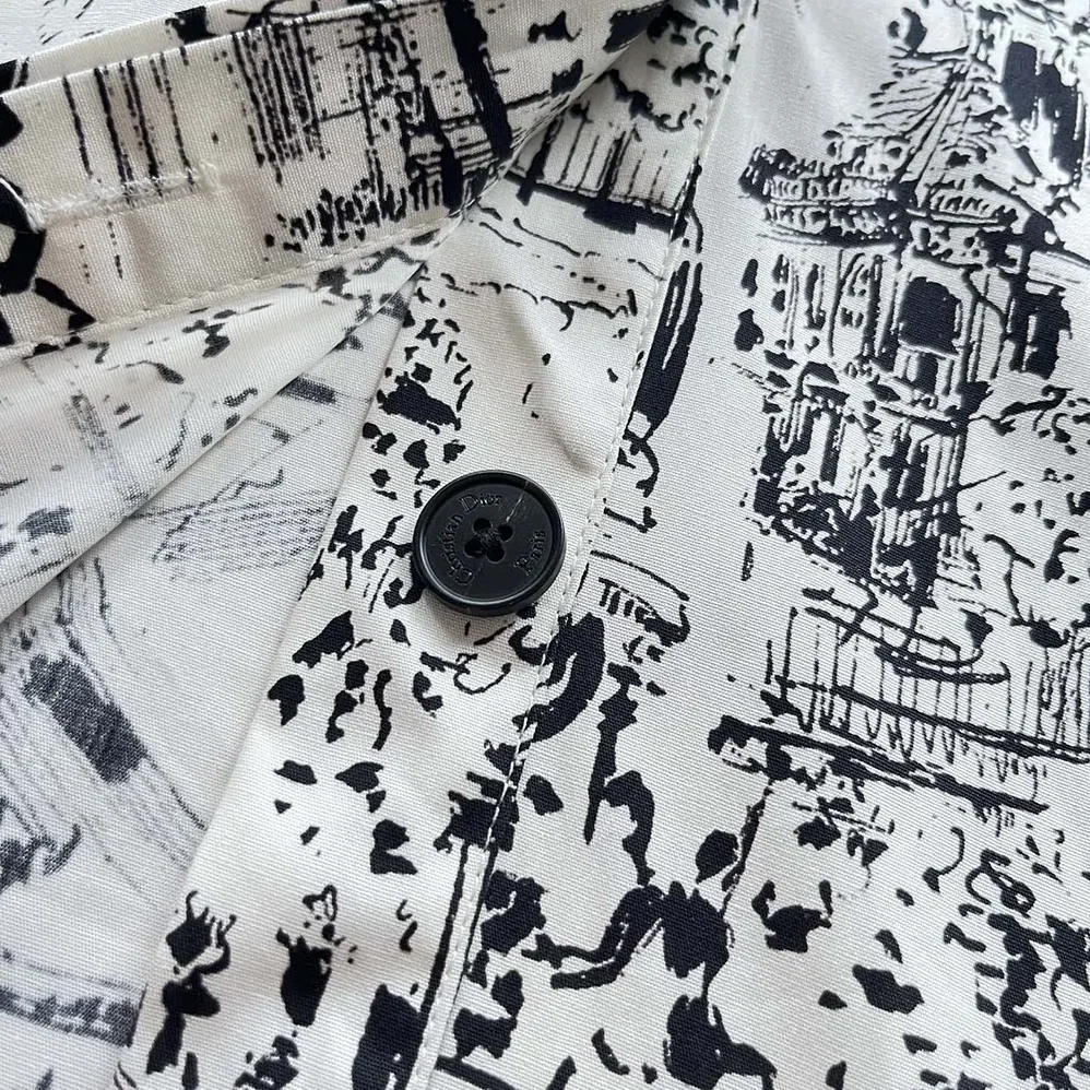 Dior Mid-Length Shirt Dress White and Black Cotton and Silk Poplin with Paris Allover Motif for Women Dior Mid-Length Shirt Dress White and Black Cotton and Silk Poplin with Paris Allover Motif for Women