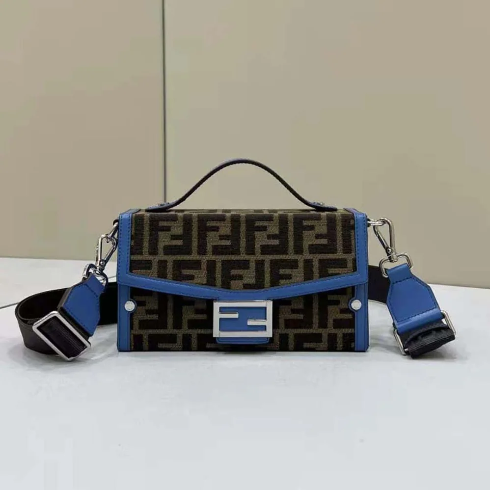 Fendi Soft Trunk Baguette Blue Leather and FF Fabric Bag for Men Fendi Soft Trunk Baguette Blue Leather and FF Fabric Bag for Men