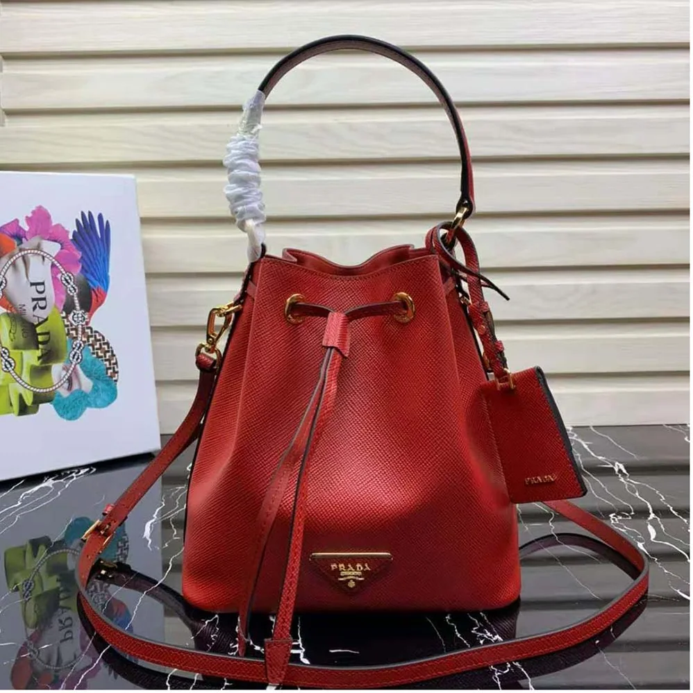 Prada Saffiano Leather Bucket Bag for Women in Red