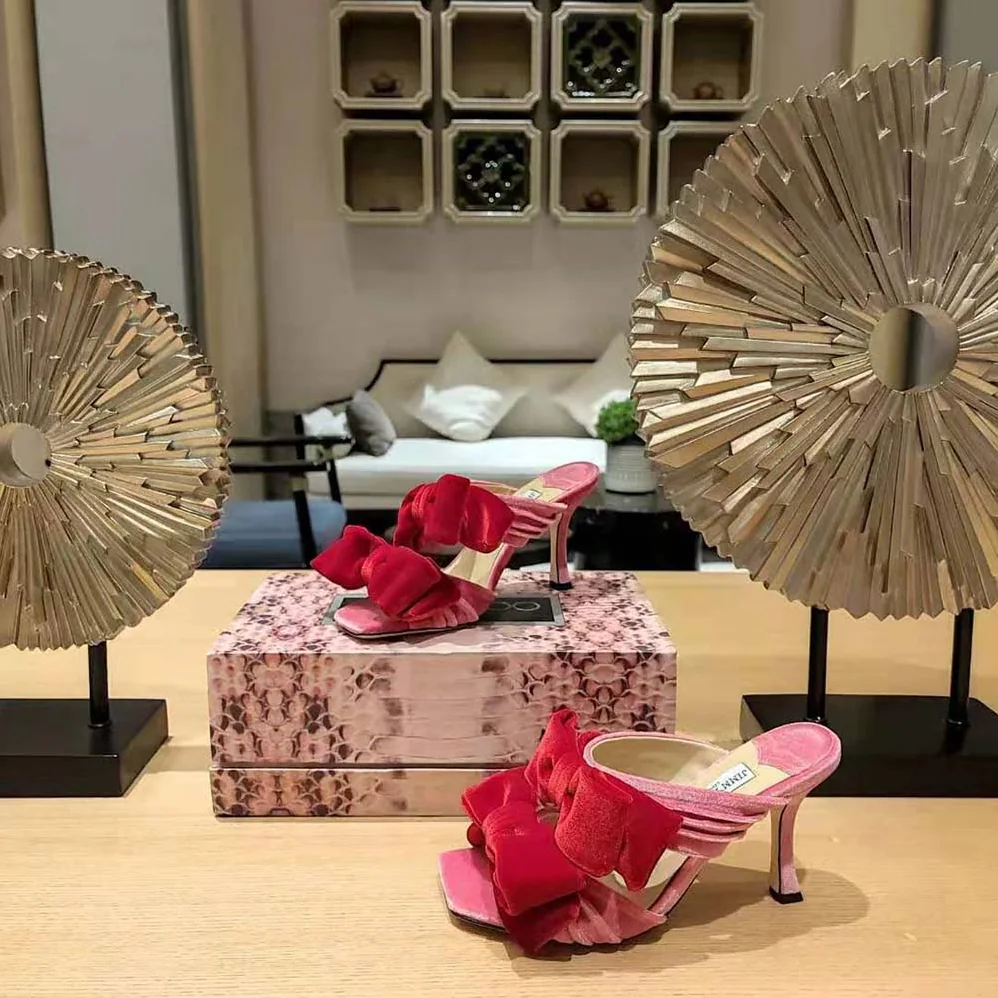Jimmy Choo Flaca Sandal 100 Candy Pink Velvet Sandal with Bow for Women Jimmy Choo Flaca Sandal 100 Candy Pink Velvet Sandal with Bow for Women